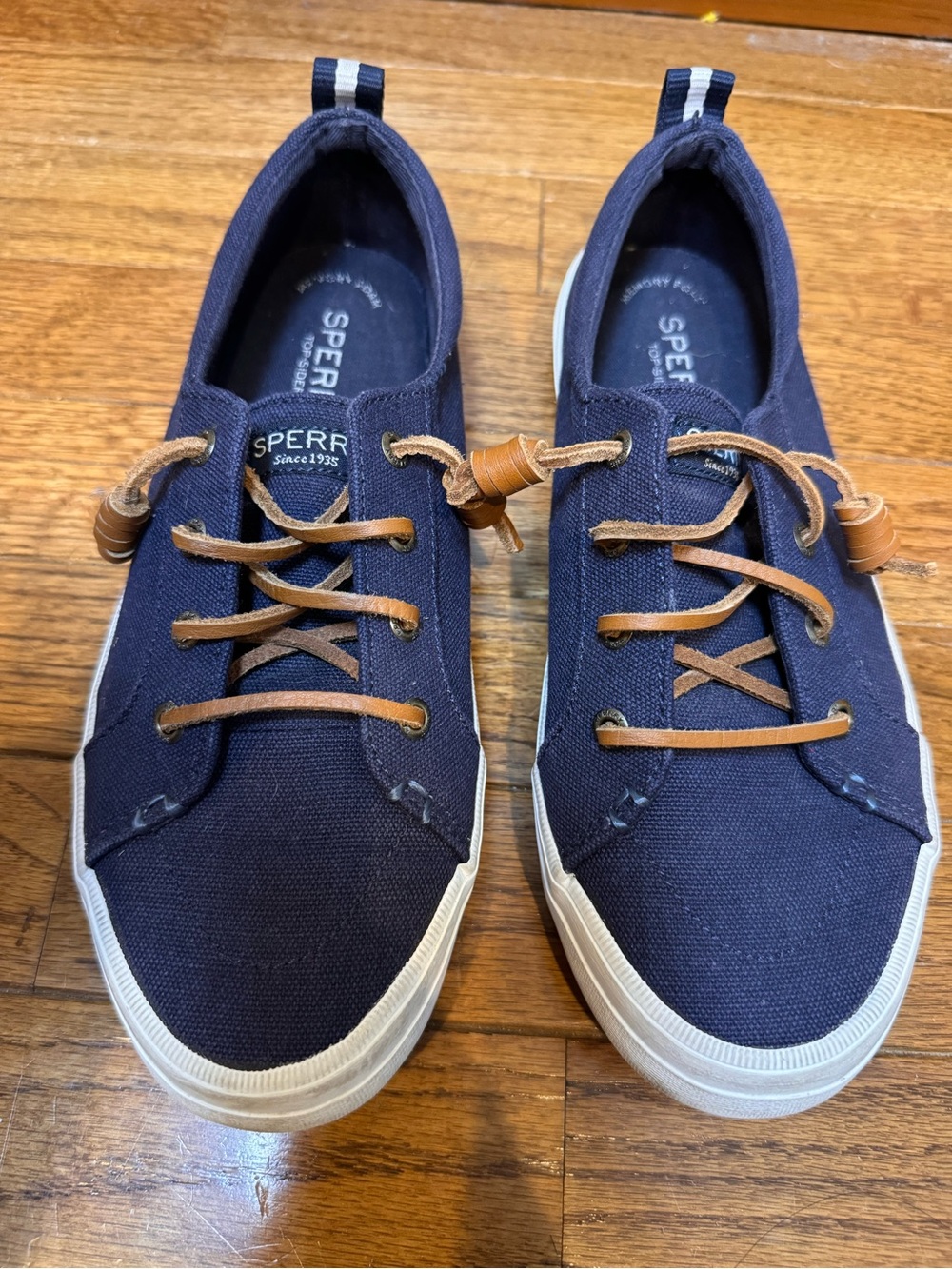 Sperry Navy Canvas Boat Sneakers with Tan Leather Laces 7